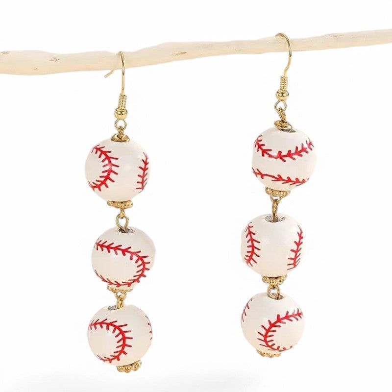 Wooden Triple Baseball Dangle Earrings image 0