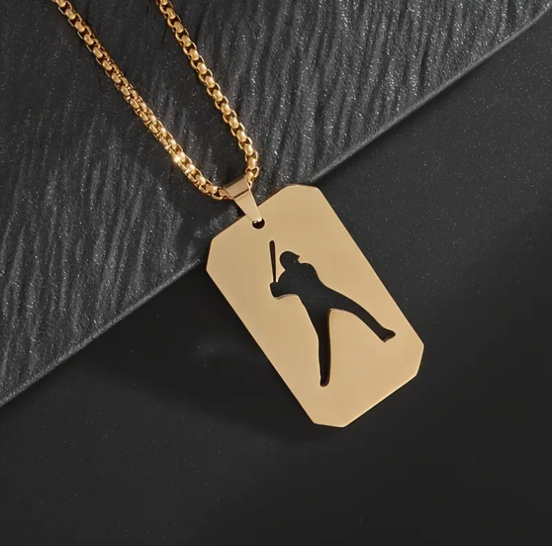 Stainless Baseball Player Dog Tag Necklace - Gold image 0