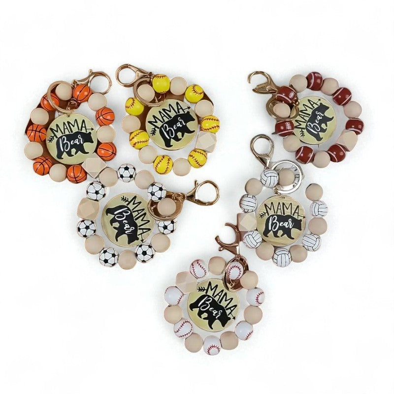 Mama Bear Sports Wooden Bead Wristlet Keychain image 0
