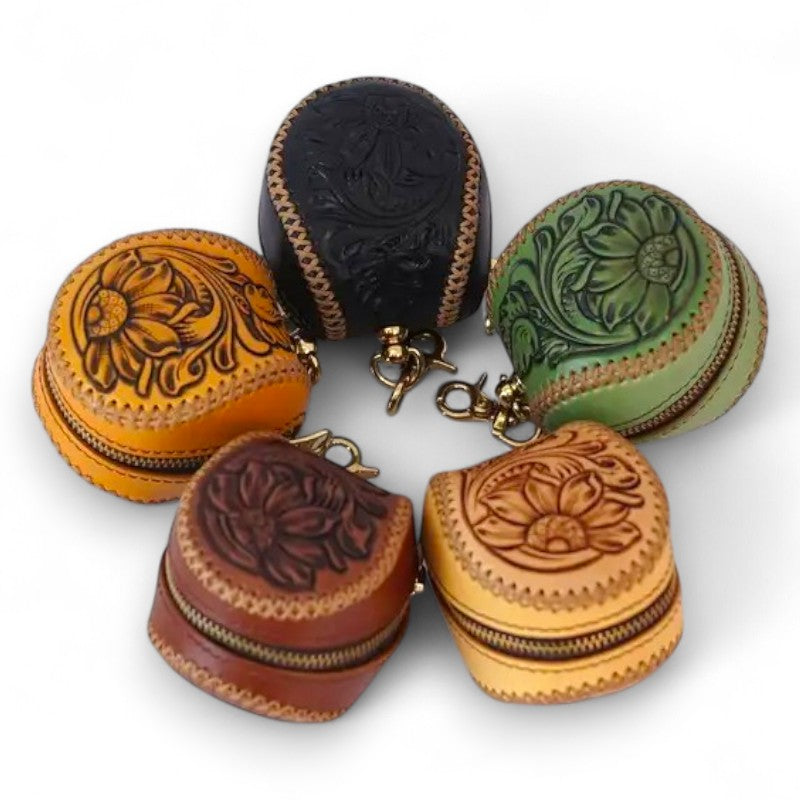 Tooled Leather Baseball Coin Purse Keychain image 0