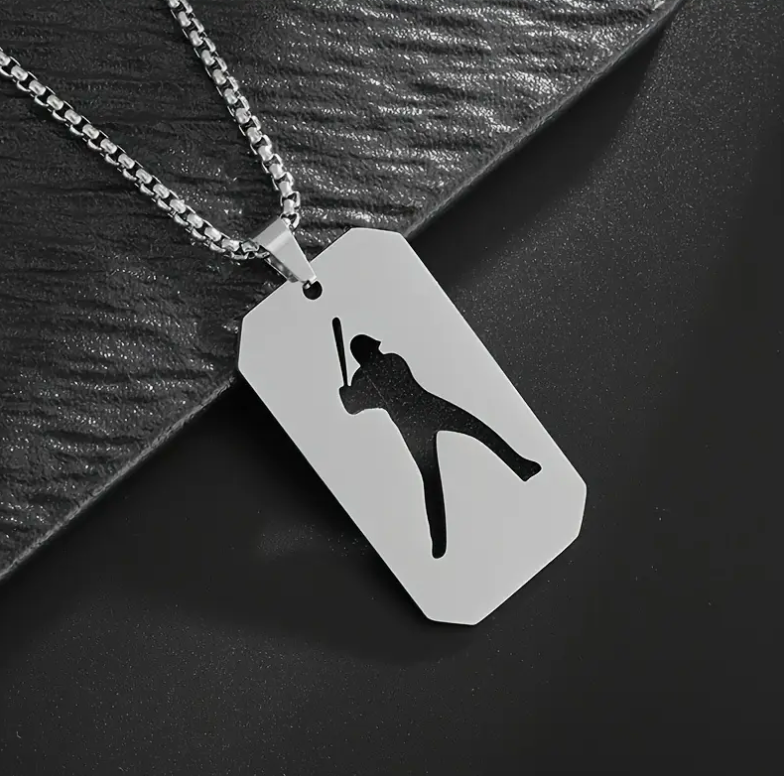 Stainless Baseball Player Dog Tag Necklace -Silver image 0