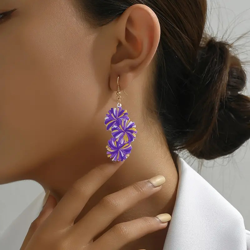 PomPom Purple/Gold Dangle Earrings image 2