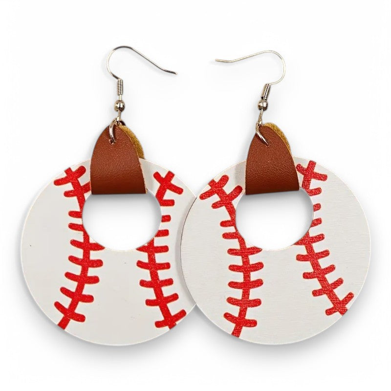 Wooden Baseball Leather Earrings image 0