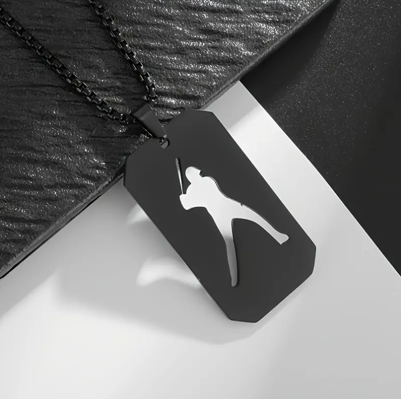 Stainless Baseball Player Dog Tag Necklace - Black image 0